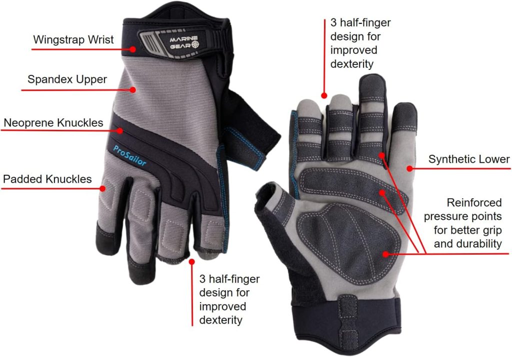 Sailing Gloves - 3-Finger Dexterity with Better Grip, Neoprene and Padded Knuckles, Reinforced Pressure Points