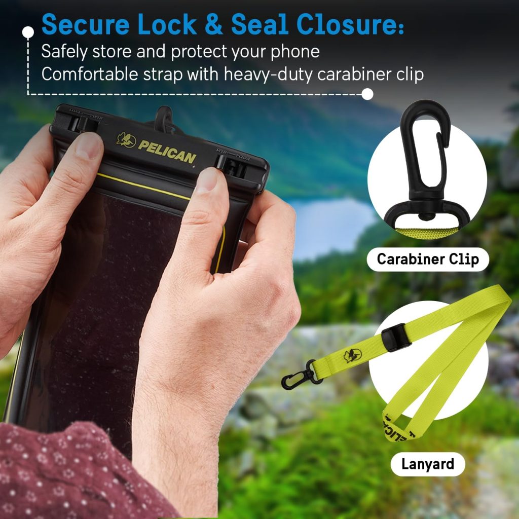 Pelican Marine - IP68 Waterproof Phone Pouch / Case (Regular Size) - Floating Waterproof Phone Case For iPhone 15 Pro Max/ 14 Pro Max/13 Pro Max/12/S24 Ultra - Detachable Lanyard - Black/Hi-Vis Yellow