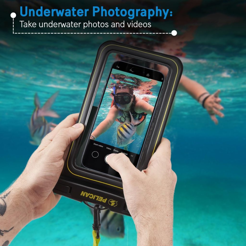 Pelican Marine - IP68 Waterproof Phone Pouch / Case (Regular Size) - Floating Waterproof Phone Case For iPhone 15 Pro Max/ 14 Pro Max/13 Pro Max/12/S24 Ultra - Detachable Lanyard - Black/Hi-Vis Yellow