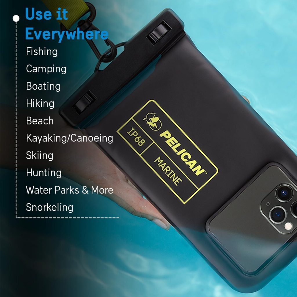 Pelican Marine - IP68 Waterproof Phone Pouch / Case (Regular Size) - Floating Waterproof Phone Case For iPhone 15 Pro Max/ 14 Pro Max/13 Pro Max/12/S24 Ultra - Detachable Lanyard - Black/Hi-Vis Yellow