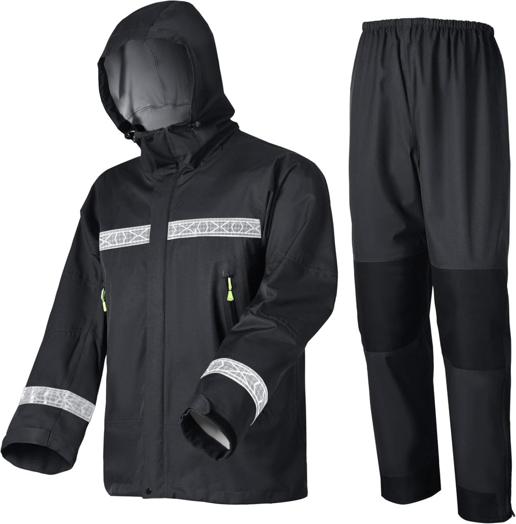 PRO Rain Suit-Waterproof Reflective Jacket Elastic Pants Combo,Lightweight Breathable Foul Weather Gear