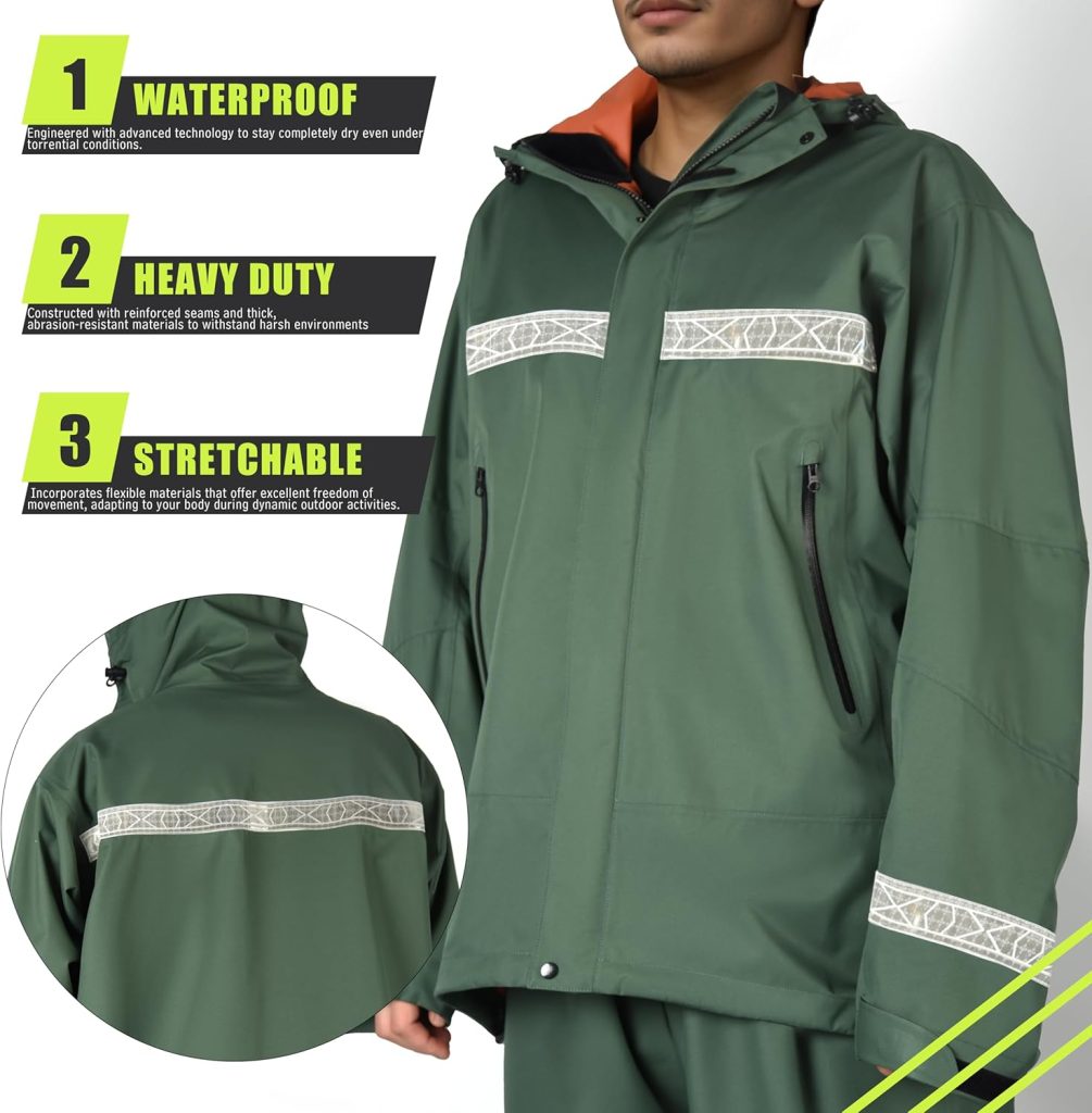 PRO Rain Suit-Waterproof Reflective Jacket Elastic Pants Combo,Lightweight Breathable Foul Weather Gear