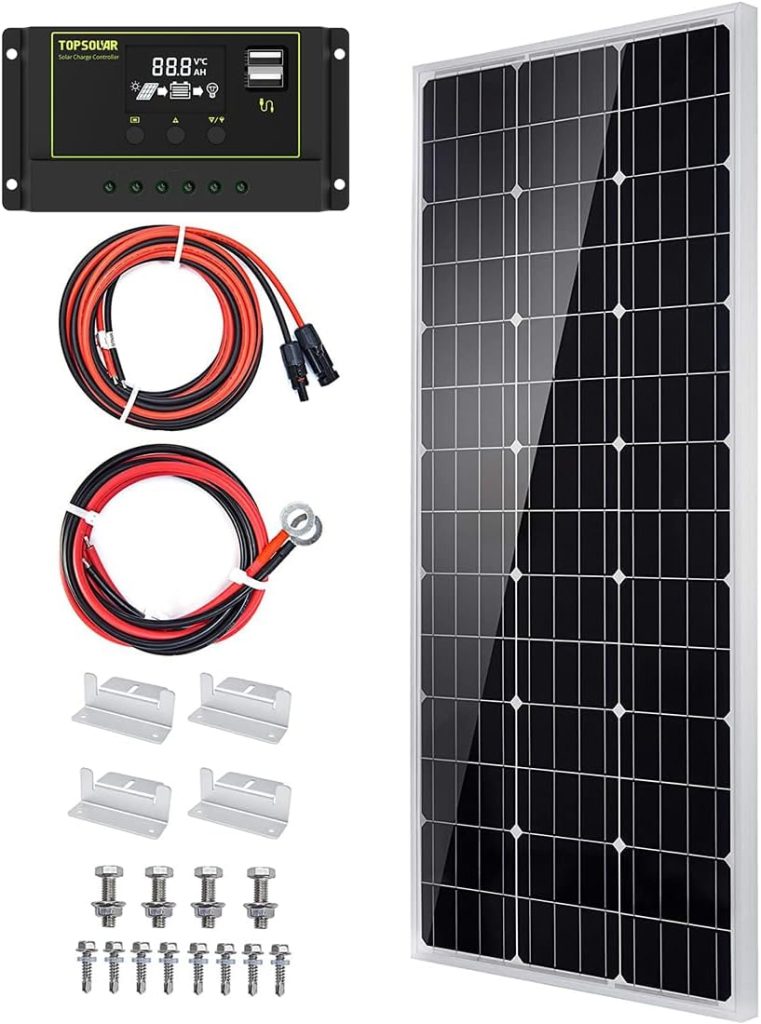 Topsolar Solar Panel Kit 100 Watt 12 Volt Monocrystalline Off Grid System for Homes RV Boat + 30A 12V/24V Solar Charge Controller +Solar Cables + Z-Bracket for Mounting