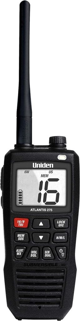 Uniden Atlantis 275 Handheld Two-Way VHF Marine Radio, Floating IPX8 Submersible Waterproof, Large Dual-Color Screen, 6-Watt, All USA/International/Canadian Marine Channels, NOAA Weather Alerts