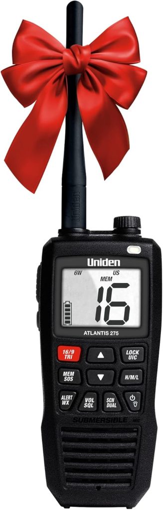 Uniden Atlantis 275 Handheld Two-Way VHF Marine Radio, Floating IPX8 Submersible Waterproof, Large Dual-Color Screen, 6-Watt, All USA/International/Canadian Marine Channels, NOAA Weather Alerts