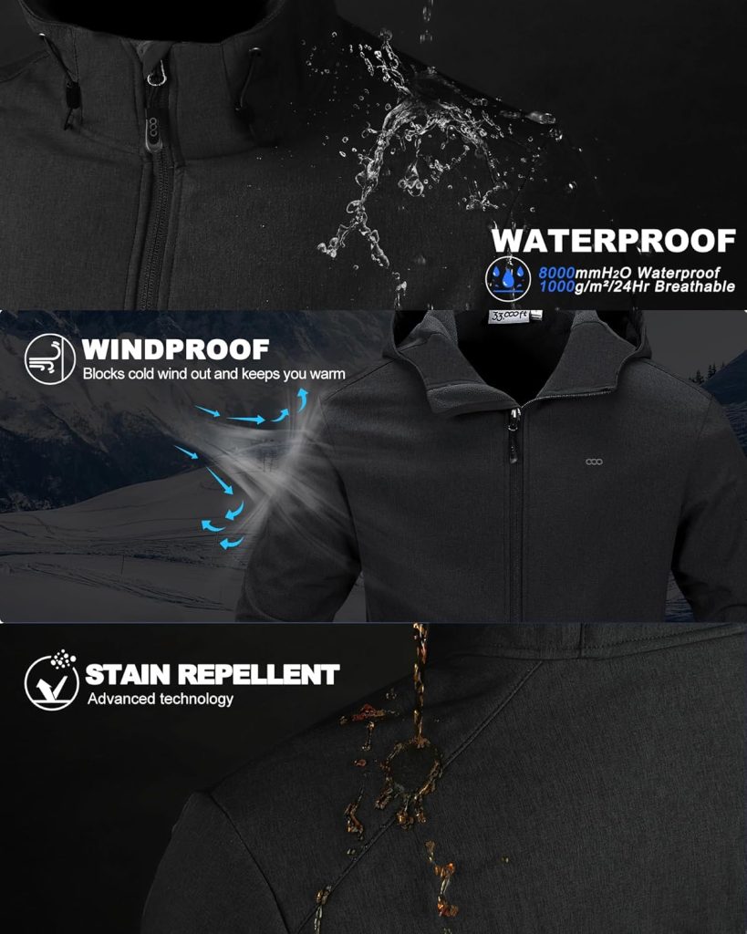 33,000ft Mens Hooded Softshell Jacket Waterproof Lightweight Insulated Windbreaker Fleece Lined Rain Shell Jacket