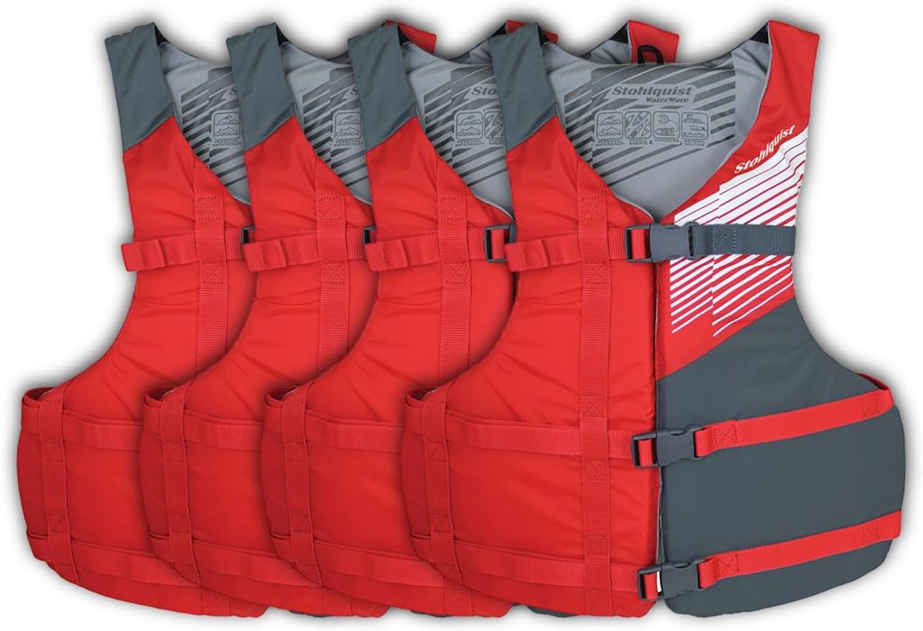 Stohlquist Universal Fit Adult Life Jacket PFD (4 Pack) US Coast Guard Approved, Life Vest for Men and Women 90+ lbs, Lightweight Neoprene Adjustable, Ideal for Boating, Kayaking Water Sports.