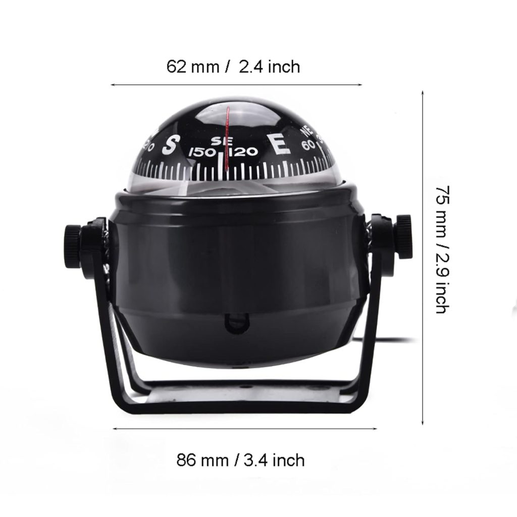 Car Compass, ABS Boat Compass Marine Dash Mount, LED Boat Compasses, Auto Compass with Adjustable Mounting Bracket, Outdoor Marine Compass for Boats Cars 3.4 x 2.9 x 2.4IN