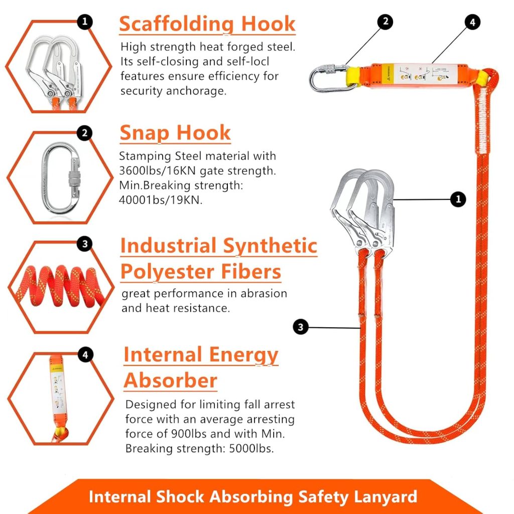 Full Body Safety Harness Tool Fall Protection，OSHA/ANSI Compliant,ASTM F1774certified | INTERNAL Shock Absorbing Lanyard（Orange）
