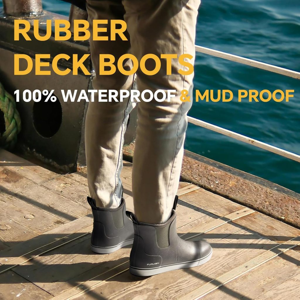 Furuian Mens Deck Boots Fishing Boots Waterproof Rain Boots Ankle Shoes Slip On Neoprene Rubber Footwear Chelsea Shoes Men Botas Para Hombre for Gardening Fishing Boating Camping Sailing