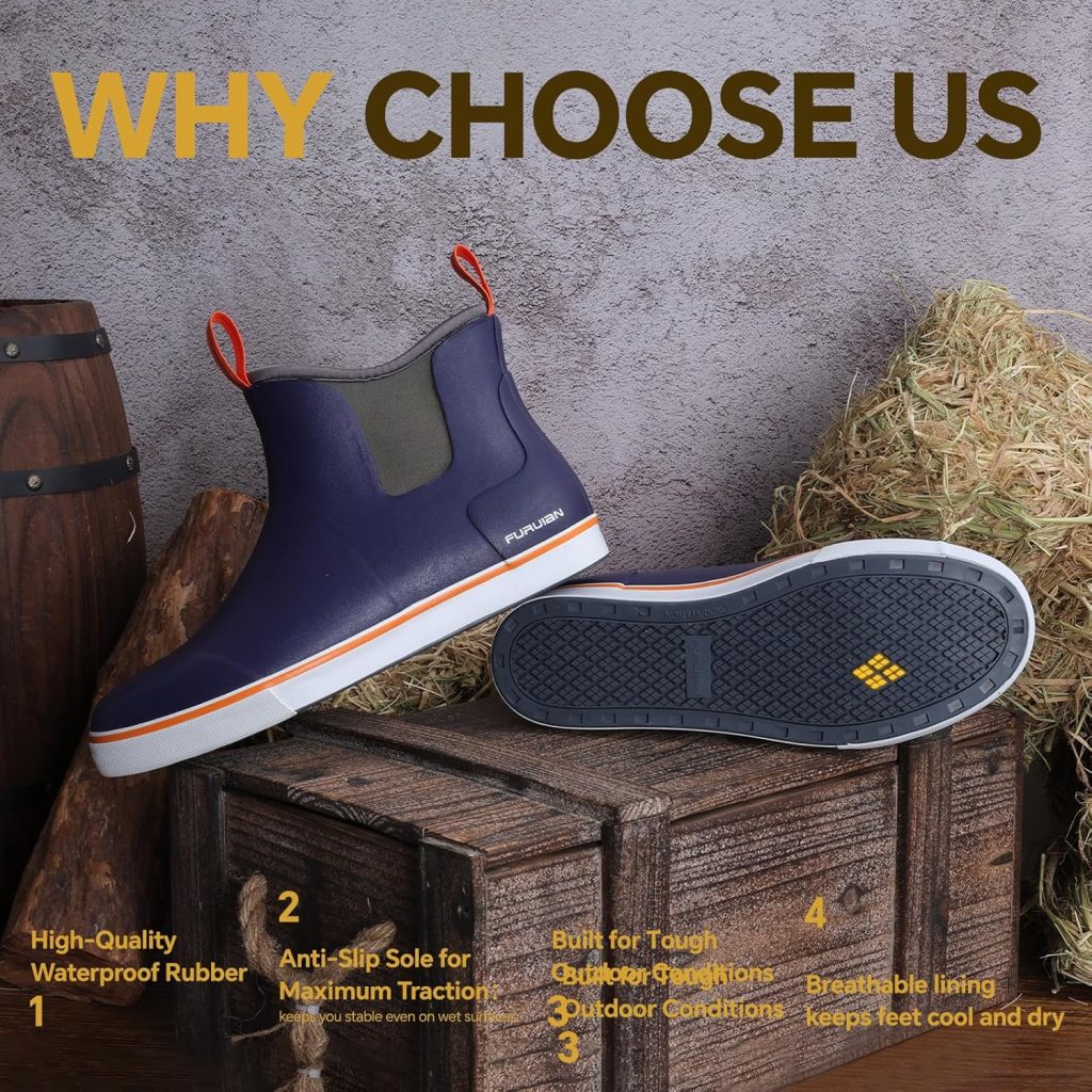 Furuian Mens Deck Boots Fishing Boots Waterproof Rain Boots Ankle Shoes Slip On Neoprene Rubber Footwear Chelsea Shoes Men Botas Para Hombre for Gardening Fishing Boating Camping Sailing