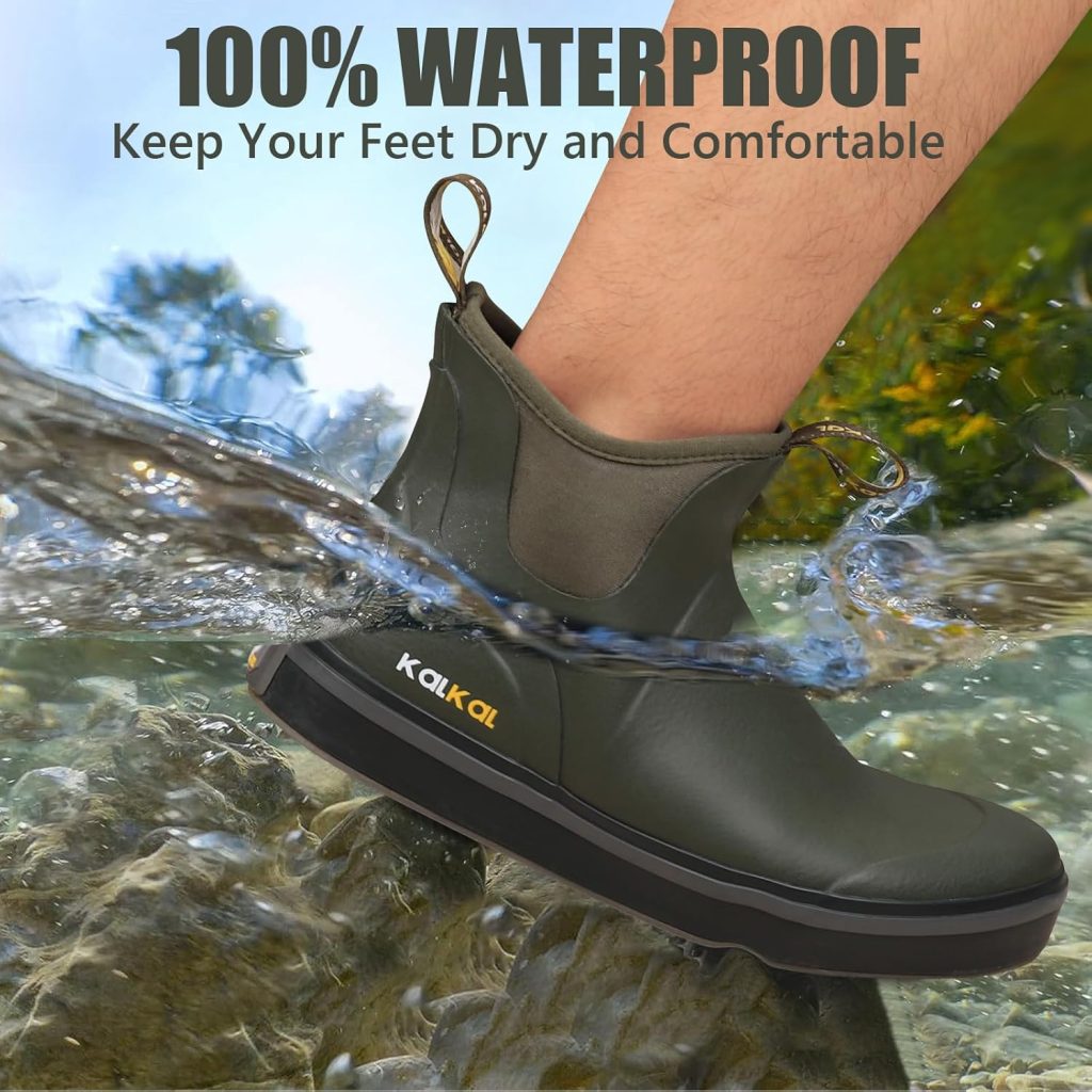 Kalkal Mens Deck Boots Anti-Slip Saltwater Fishing Rain Boots with Memory Foam, Waterproof Rubber Ankle Work Boots for Sailing (Size 7-14)