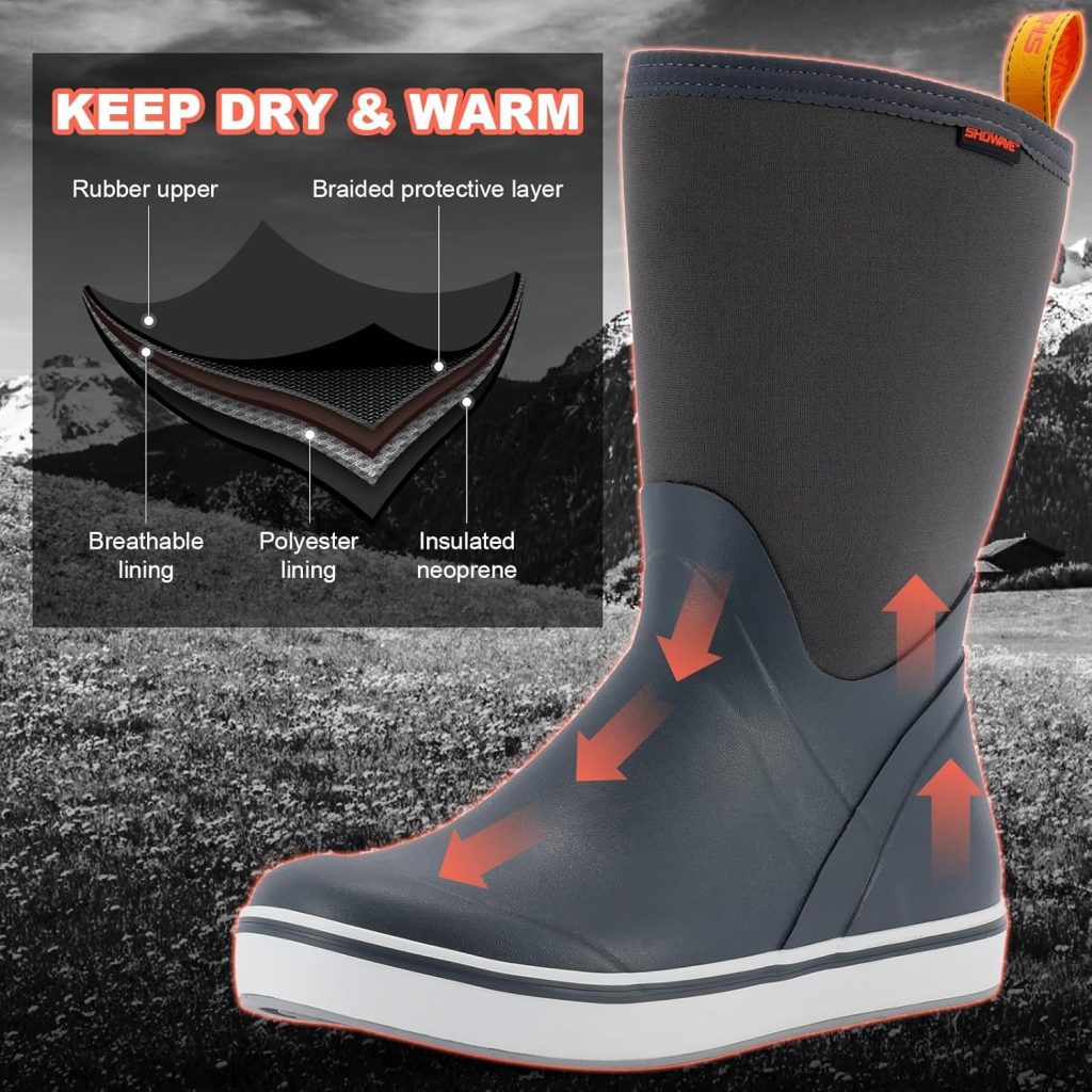 Showave Mens Deck Boots Mid Calf Rubber Boots Waterproof Fishing Sailing Boots Non-Slip Insulated Rain Boots For Outdoor Gardening Mud Yard Working